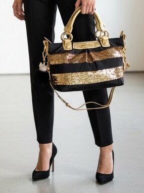 BRIGHTON "MY FLAT IN LONDON" BLACK NYLON
SATCHEL CROSSBODY GOLD SEQUIN STRIPES